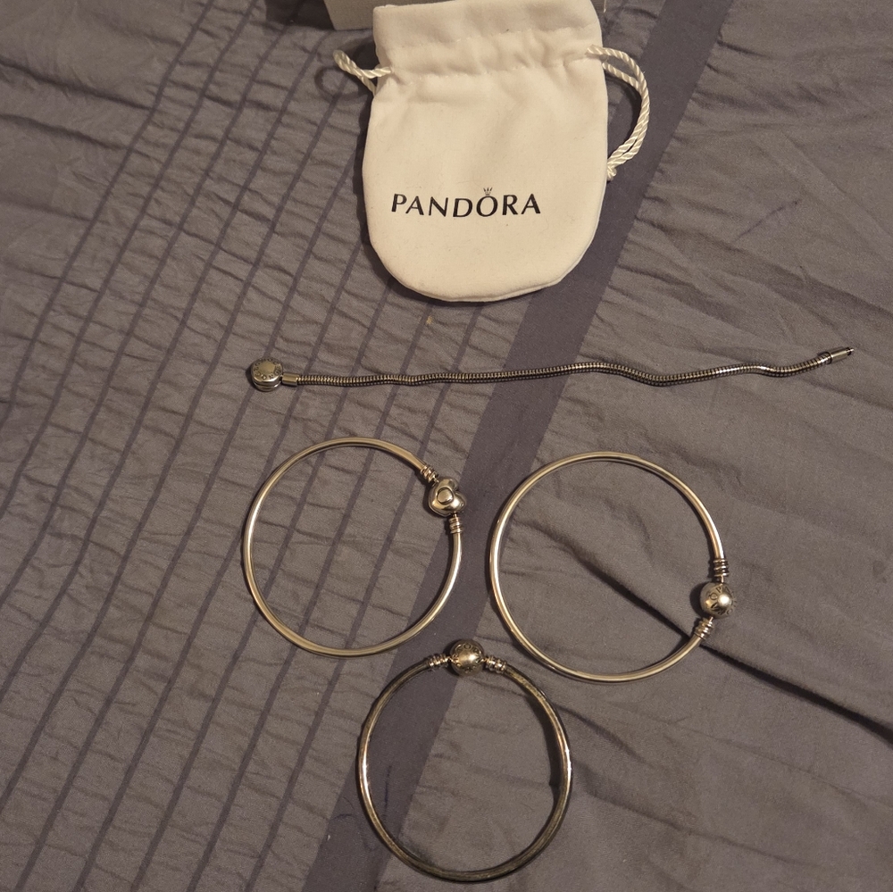 Pandora Silver Bracelets. Lot Of 4. 1 Snake Chain & 3 Bangles.
